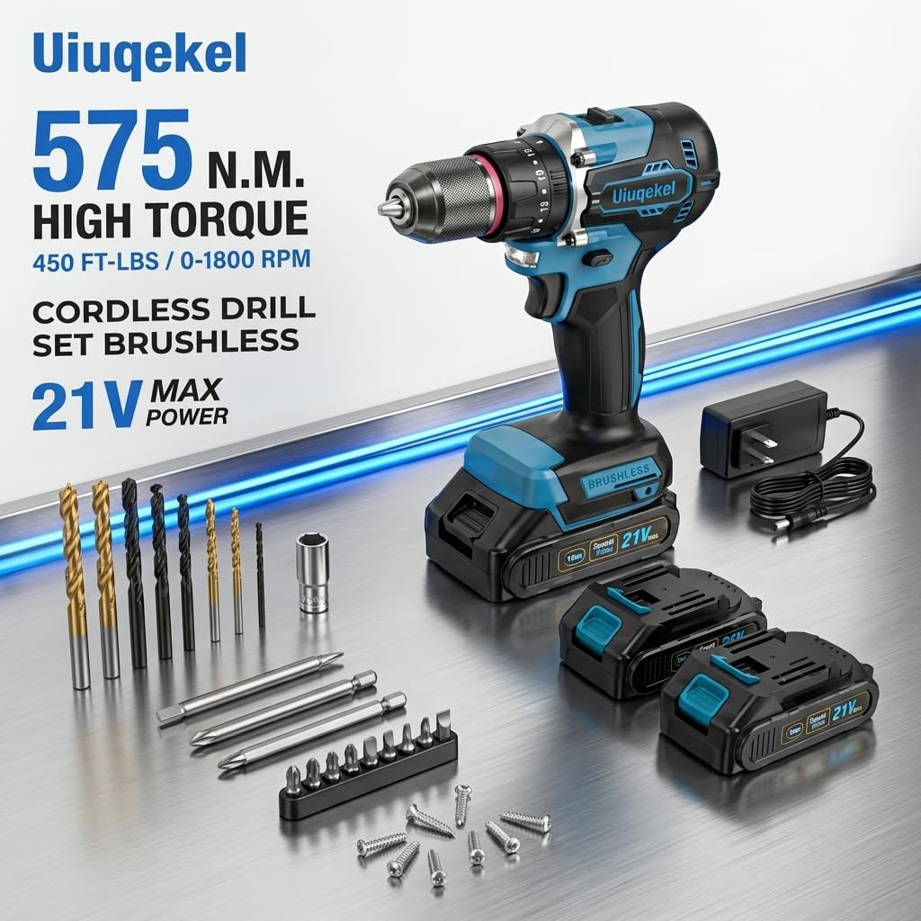 21V Brushless Cordless Drill Driver Kit with 2 Batteries & Charger F207721