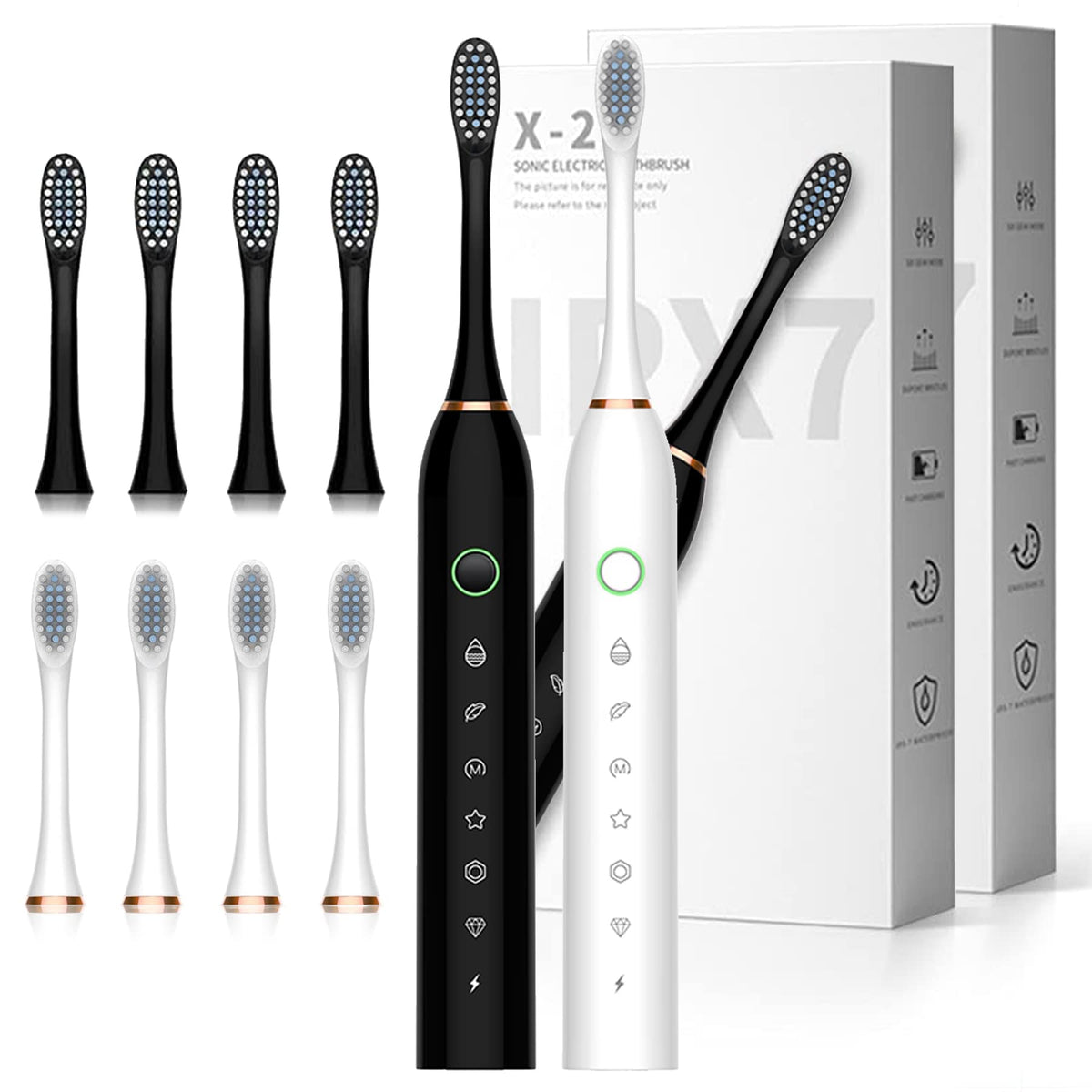Black White 2 Pack Electric Toothbrush with 8 Brush Heads W4560