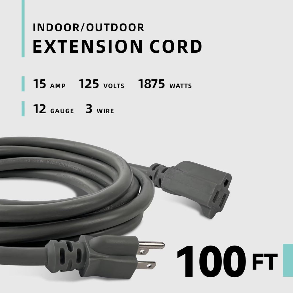 100ft Indoor Outdoor Extension Cord 12/3 SJTW Heavy Duty 15Amp 1875W Gray V77171