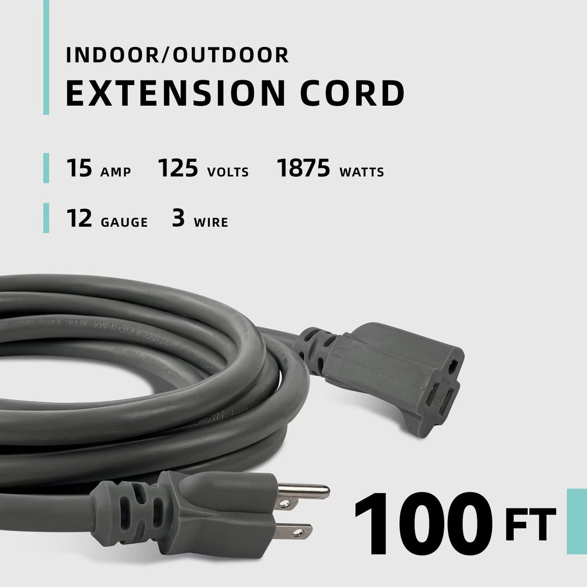 100ft Indoor Outdoor Extension Cord 12/3 SJTW Heavy Duty 15Amp 1875W Gray V77171