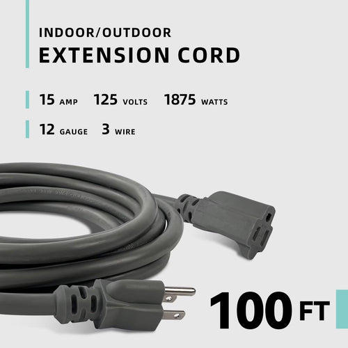 100ft Indoor Outdoor Extension Cord 12/3 SJTW Heavy Duty 15Amp 1875W Gray V77171