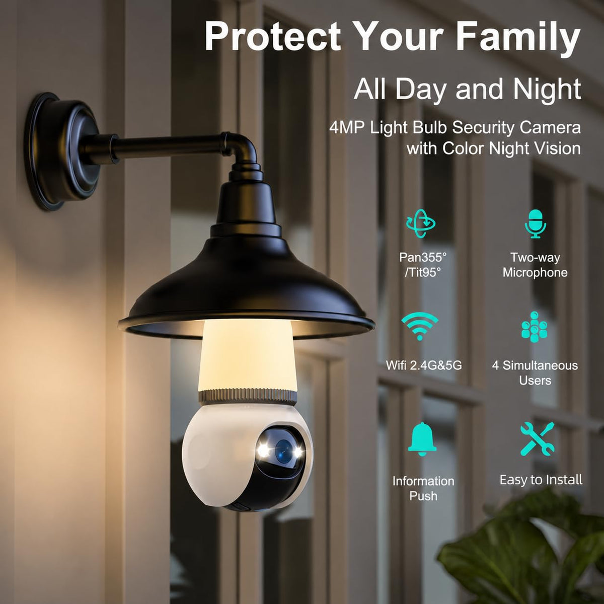 Light Bulb Security Camera 2K Color Night Vision Motion Detection Siren Alarm Two-Way Audio E179