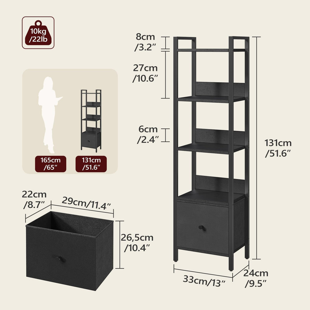 Black 5-Tier Bookshelf with Drawer M998864