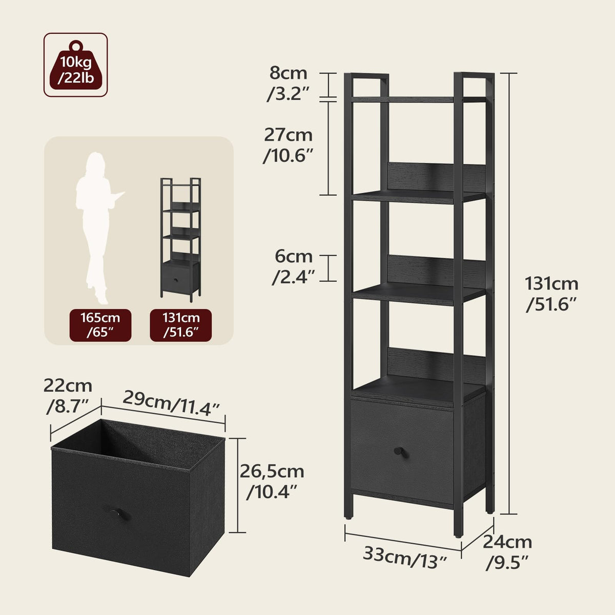 Black 5-Tier Bookshelf with Drawer M998864