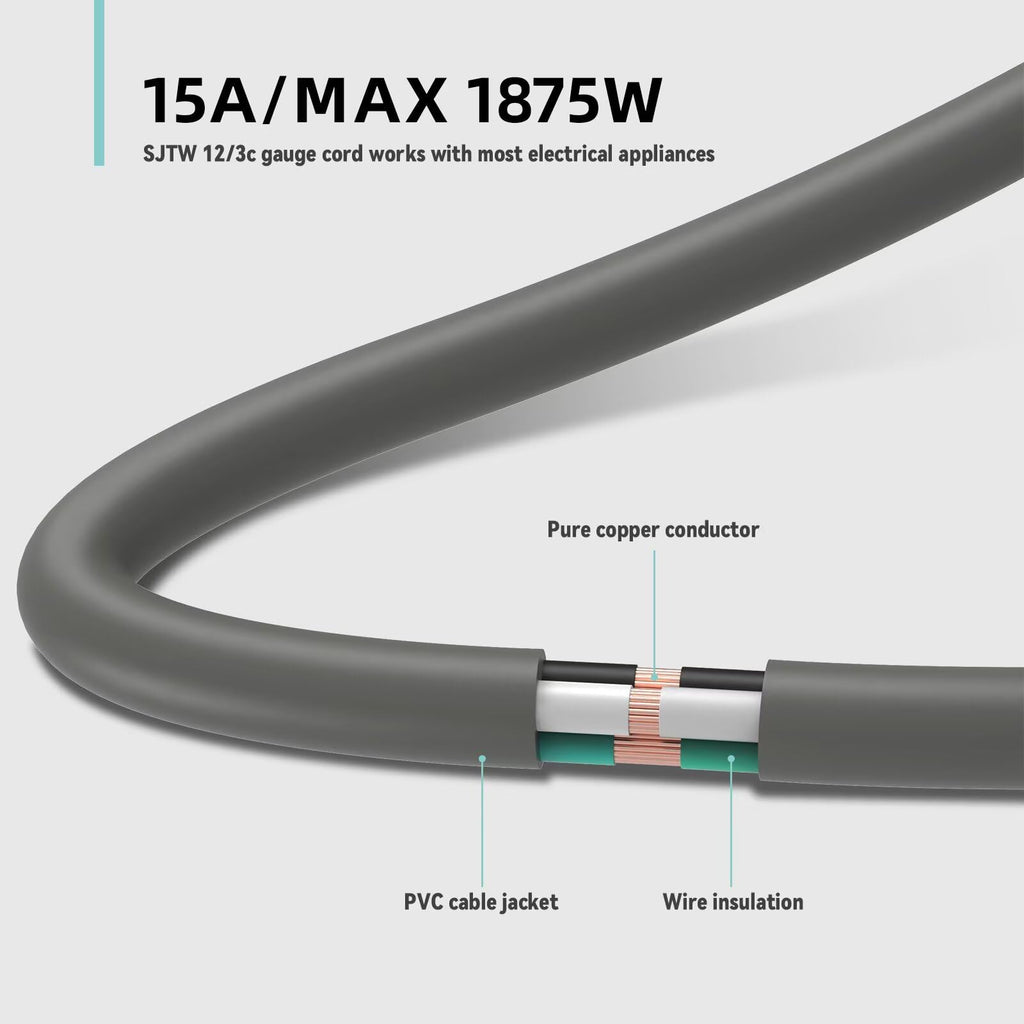 100ft Indoor Outdoor Extension Cord 12/3 SJTW Heavy Duty 15Amp 1875W Gray V77171