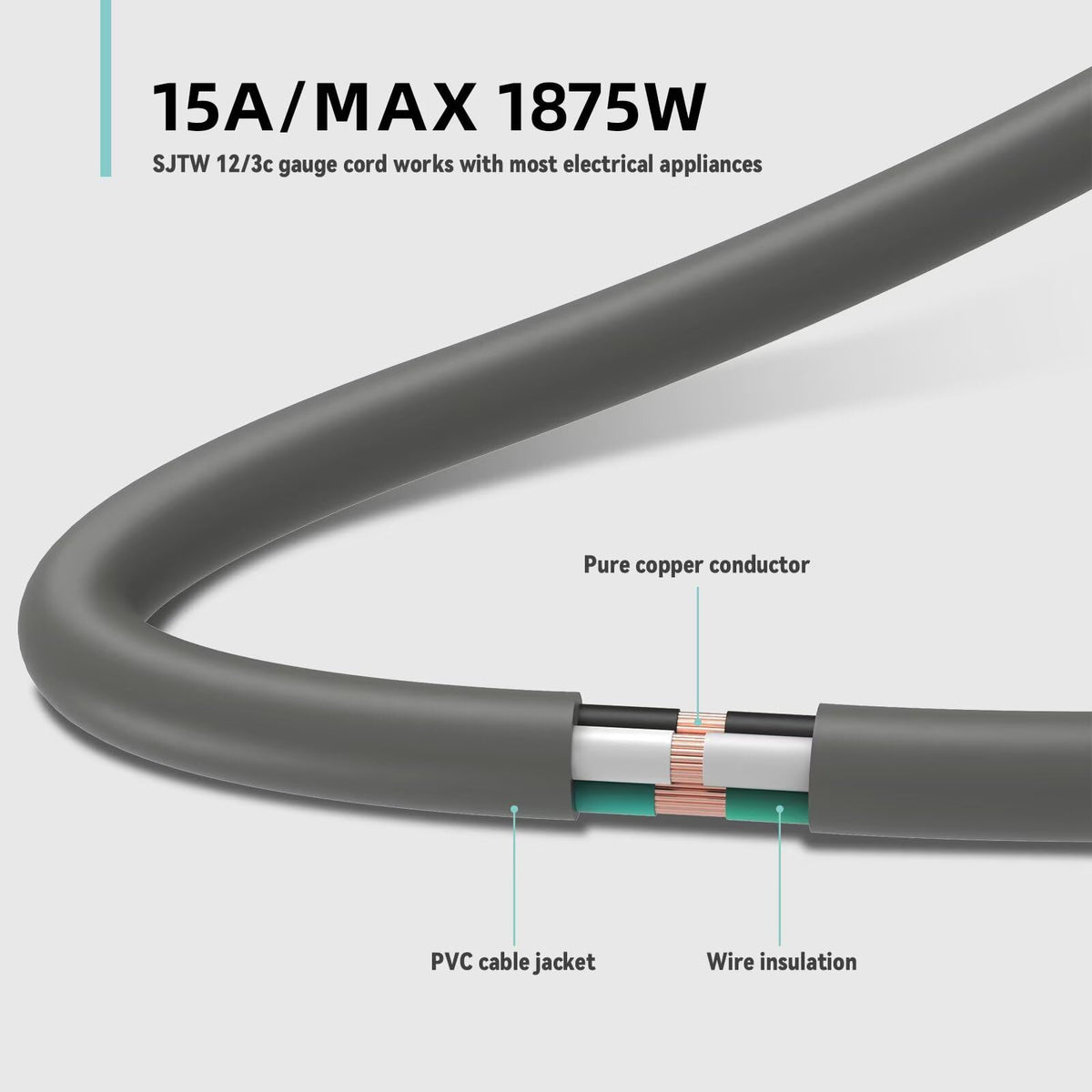 100ft Indoor Outdoor Extension Cord 12/3 SJTW Heavy Duty 15Amp 1875W Gray V77171