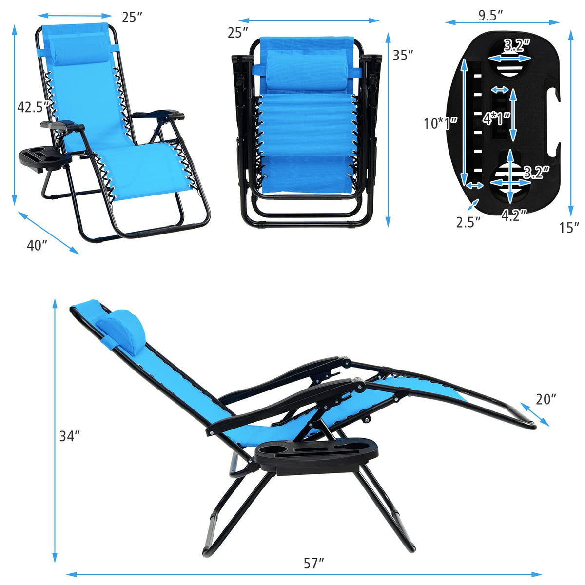 Set of 2 Blue Zero Gravity Chair with Cup Holder C30922
