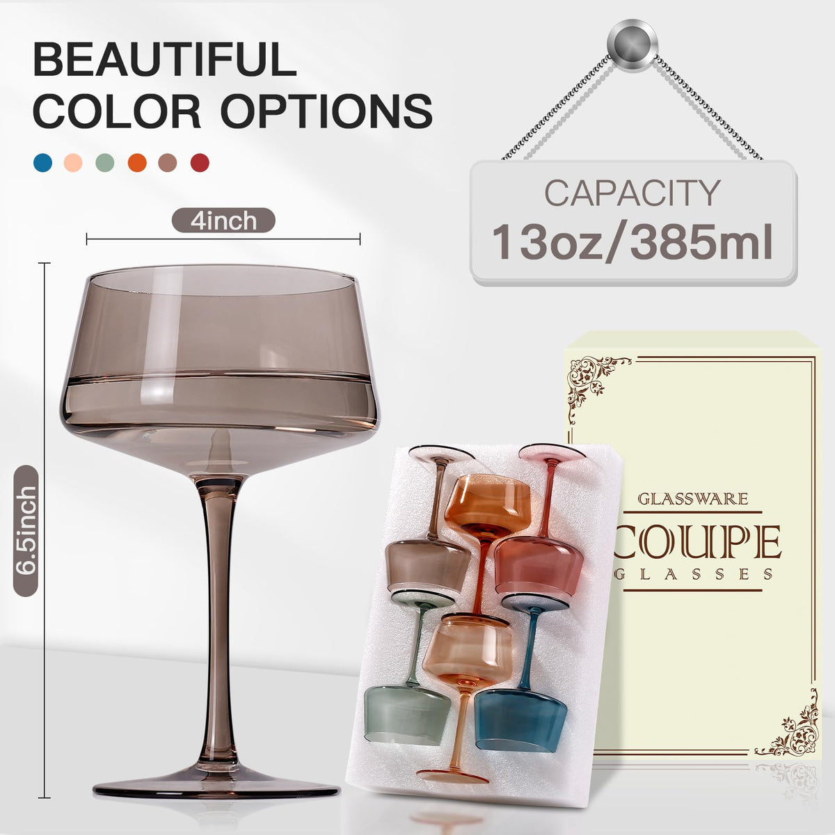 Colored Coupe Glasses Set of 6, Hand Blown 13Oz X63988