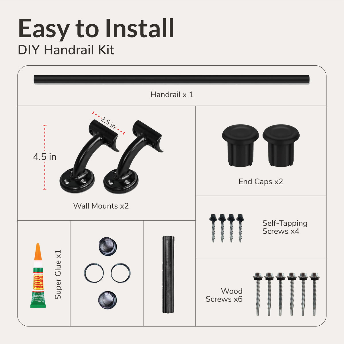6FT Black Aluminum Stair Handrail Kit V239