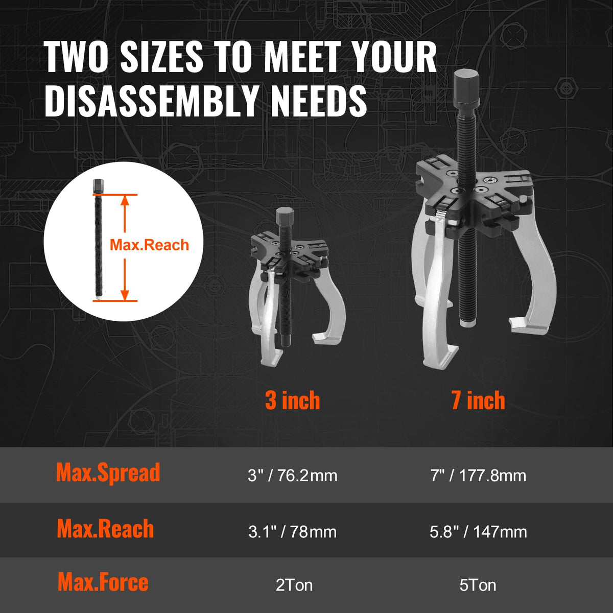 3" and 7" 3 Jaw Gear Puller Set W177
