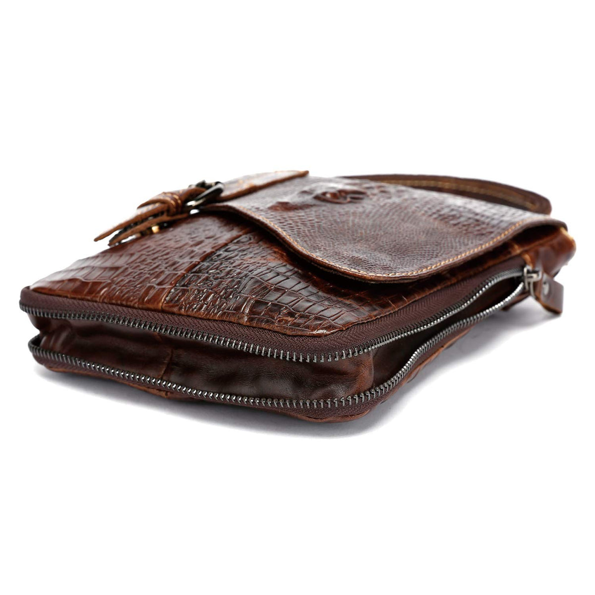 Brown Crocodile Embossed Genuine Leather Mini Messenger Bag R614