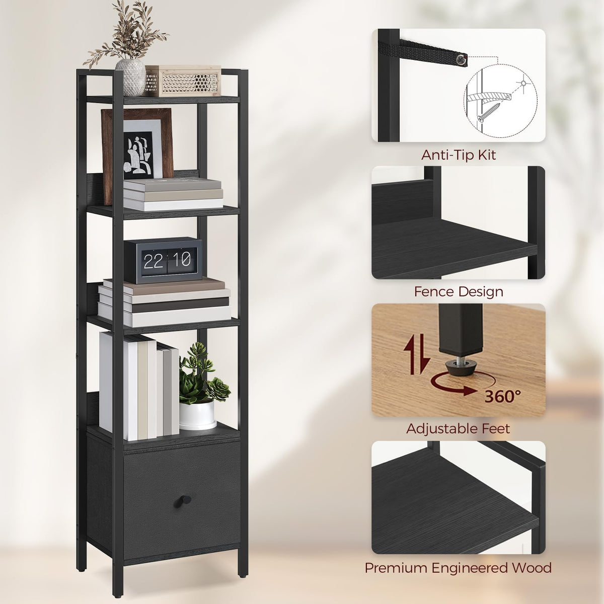 Black 5-Tier Bookshelf with Drawer M998864