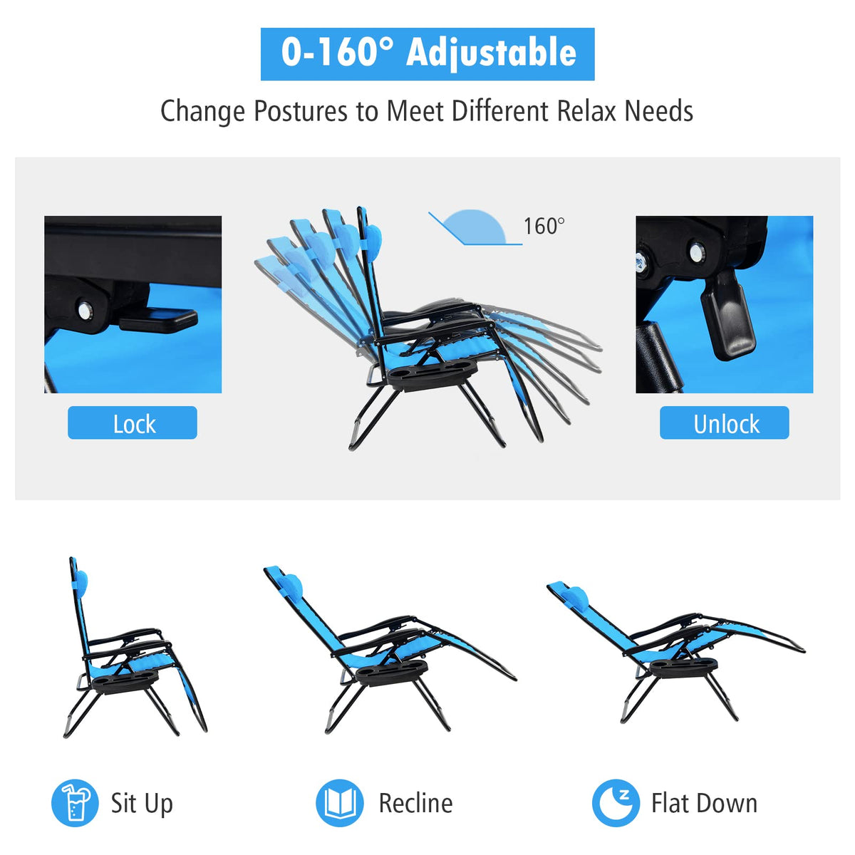 Set of 2 Blue Zero Gravity Chair with Cup Holder C30922