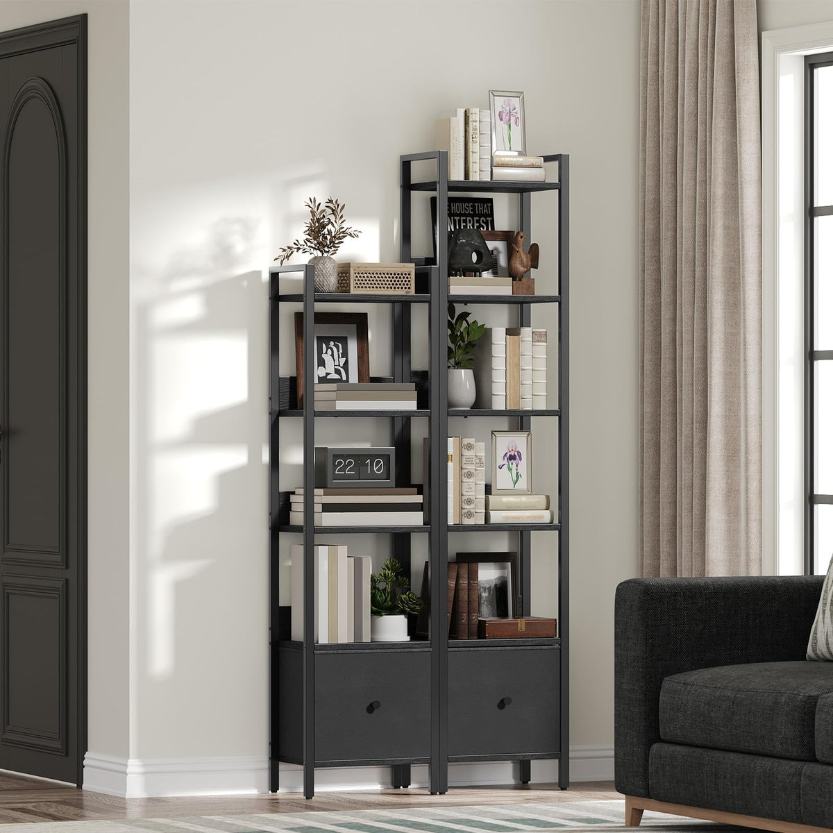 Black 5-Tier Bookshelf with Drawer M998864