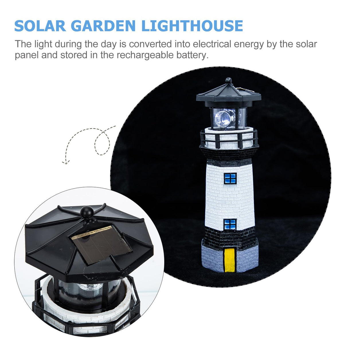 Solar Powered Resin Lighthouse Garden Light Black White L6896