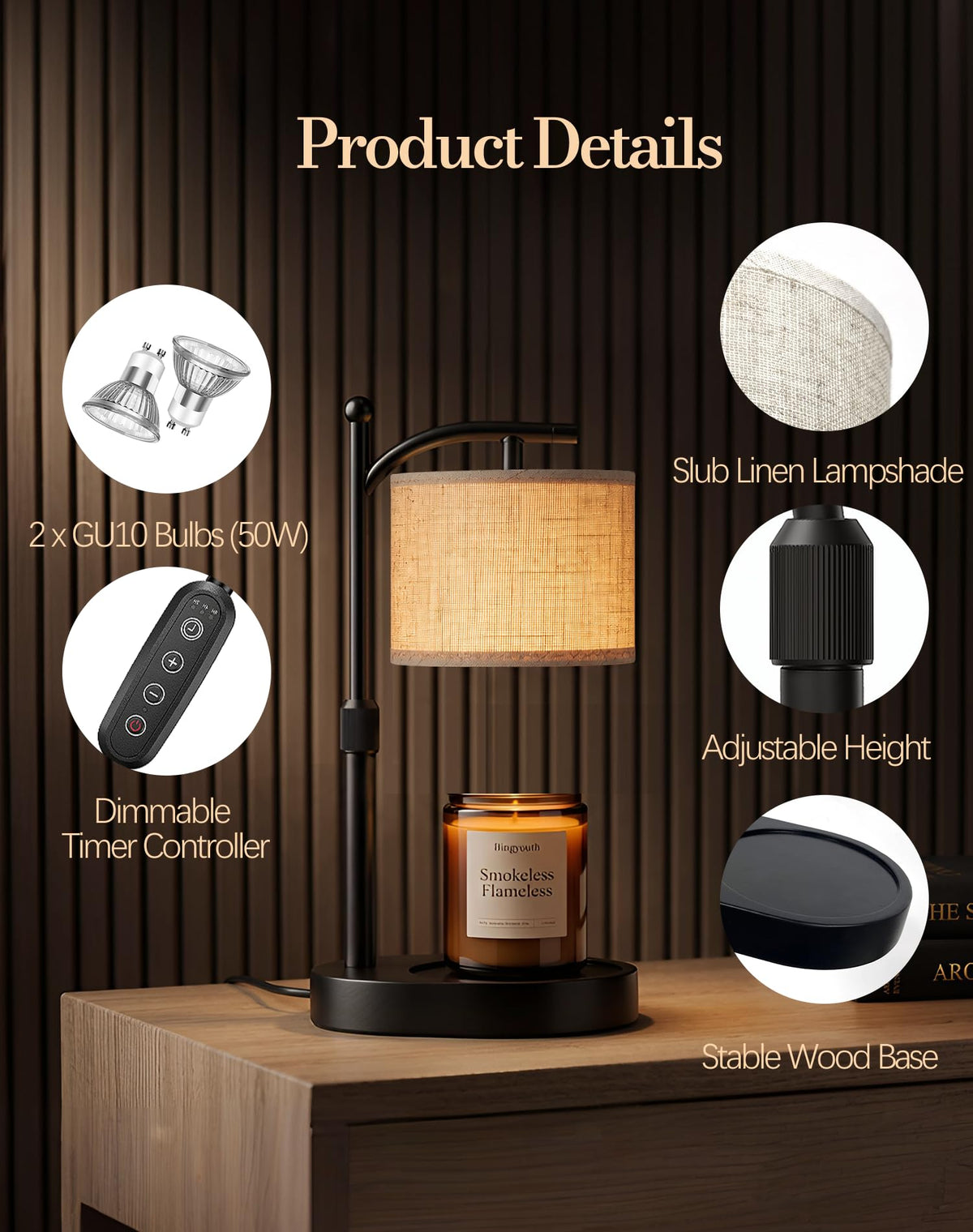Adjustable Height Candle Warmer Lamp with Timer & Dimmer U136308