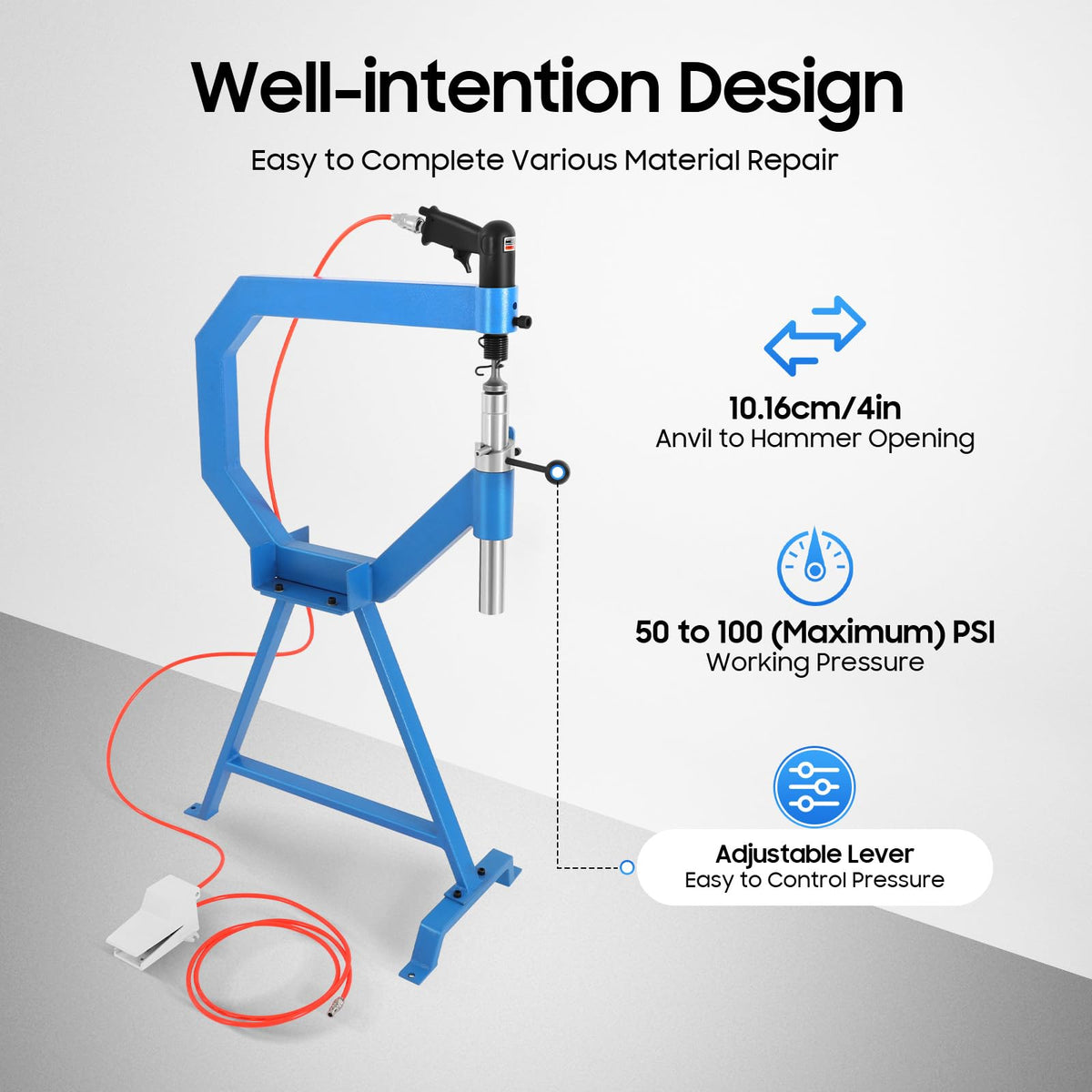 Air Powered Pneumatic Planishing Hammer with Foot Pedal and 3 Anvils P3792