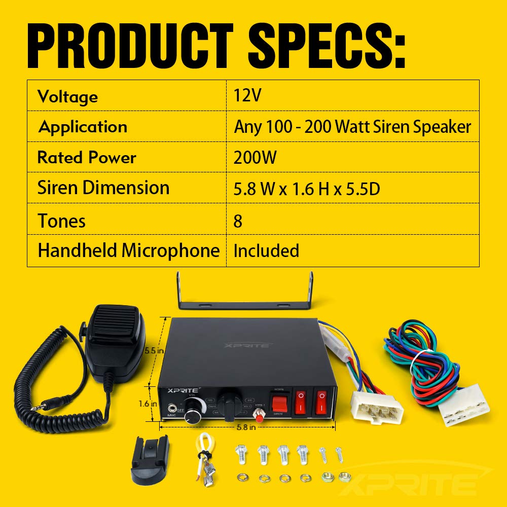 200 Watt 8 Tones Emergency Warning Siren PA System Kit with Handheld Microphone F9983