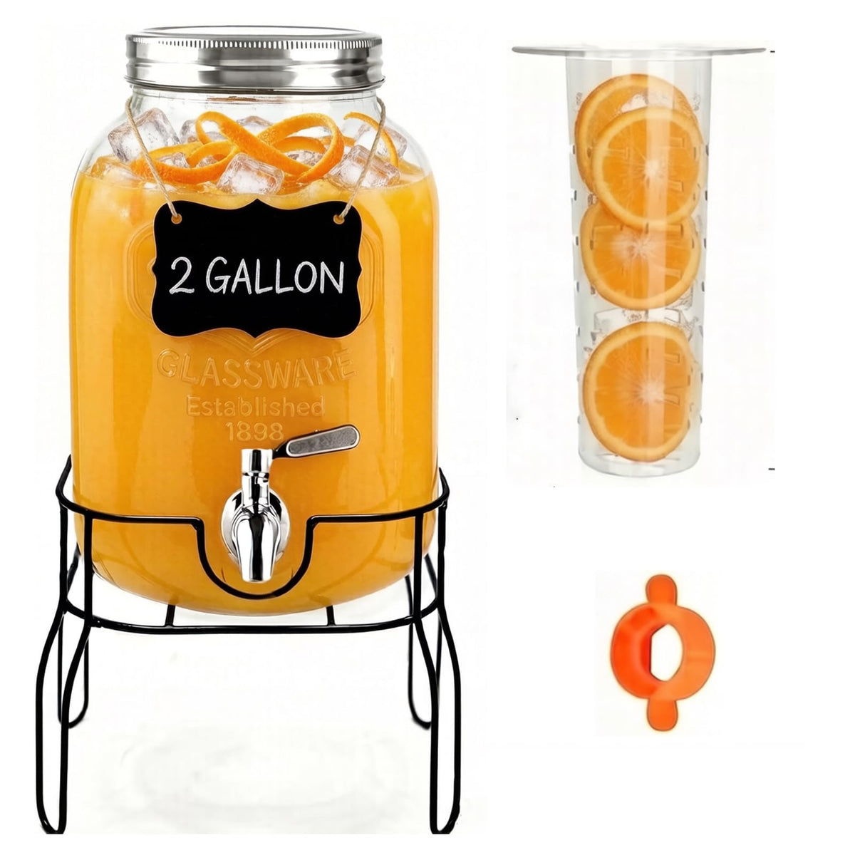 2 Gallon Glass Beverage Dispenser with Stand, Lid & Ice Core G280