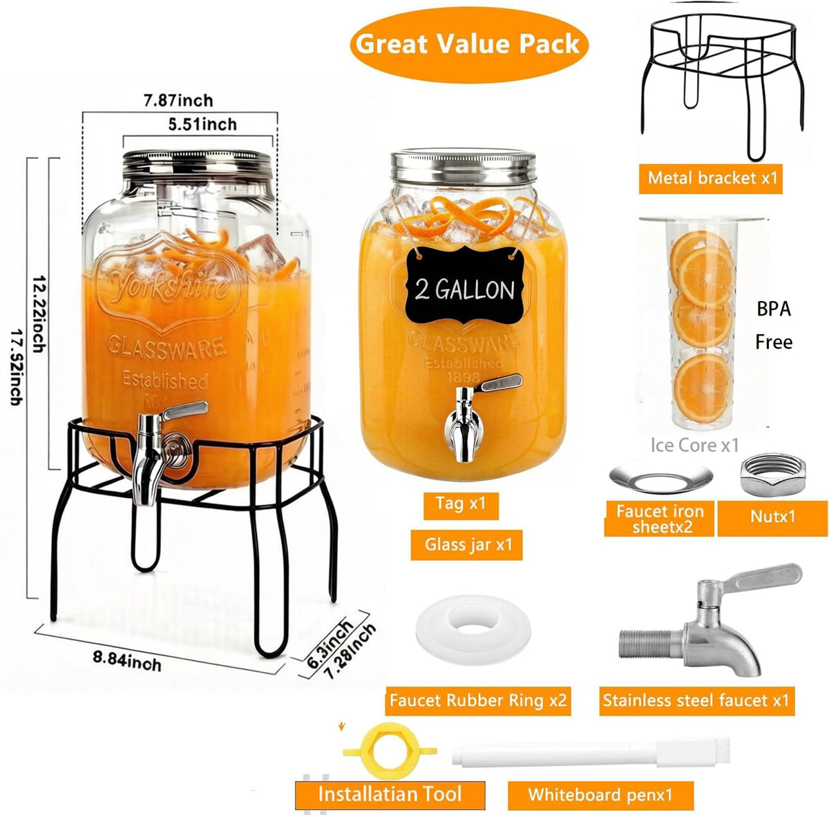 2 Gallon Glass Beverage Dispenser with Stand, Lid & Ice Core G280