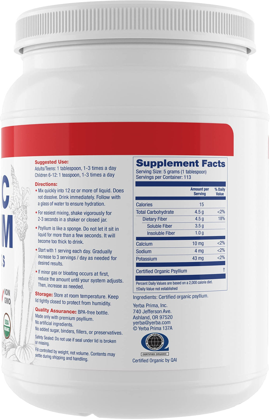 Organic Psyllium Whole Husks Fiber Supplement 20 oz T734675