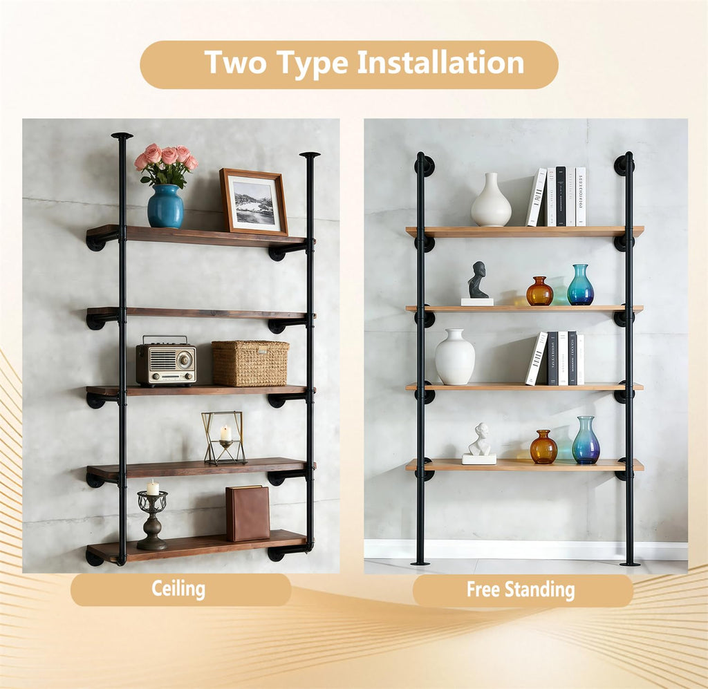 Black Iron Pipe Shelf Bracket, 2Pcs 5 Tier 68" Tall G2154