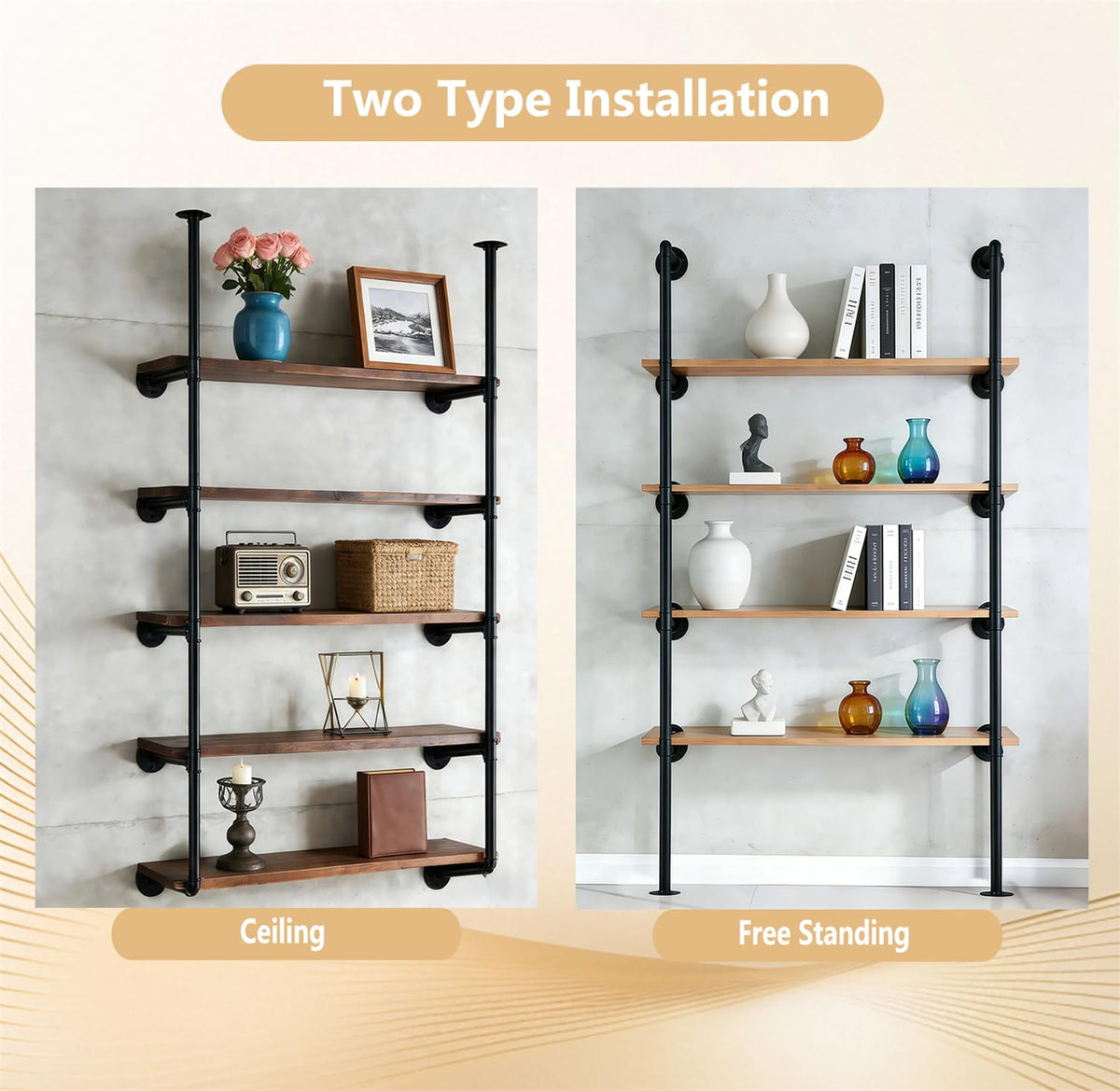Black Iron Pipe Shelf Bracket, 2Pcs 5 Tier 68" Tall G2154