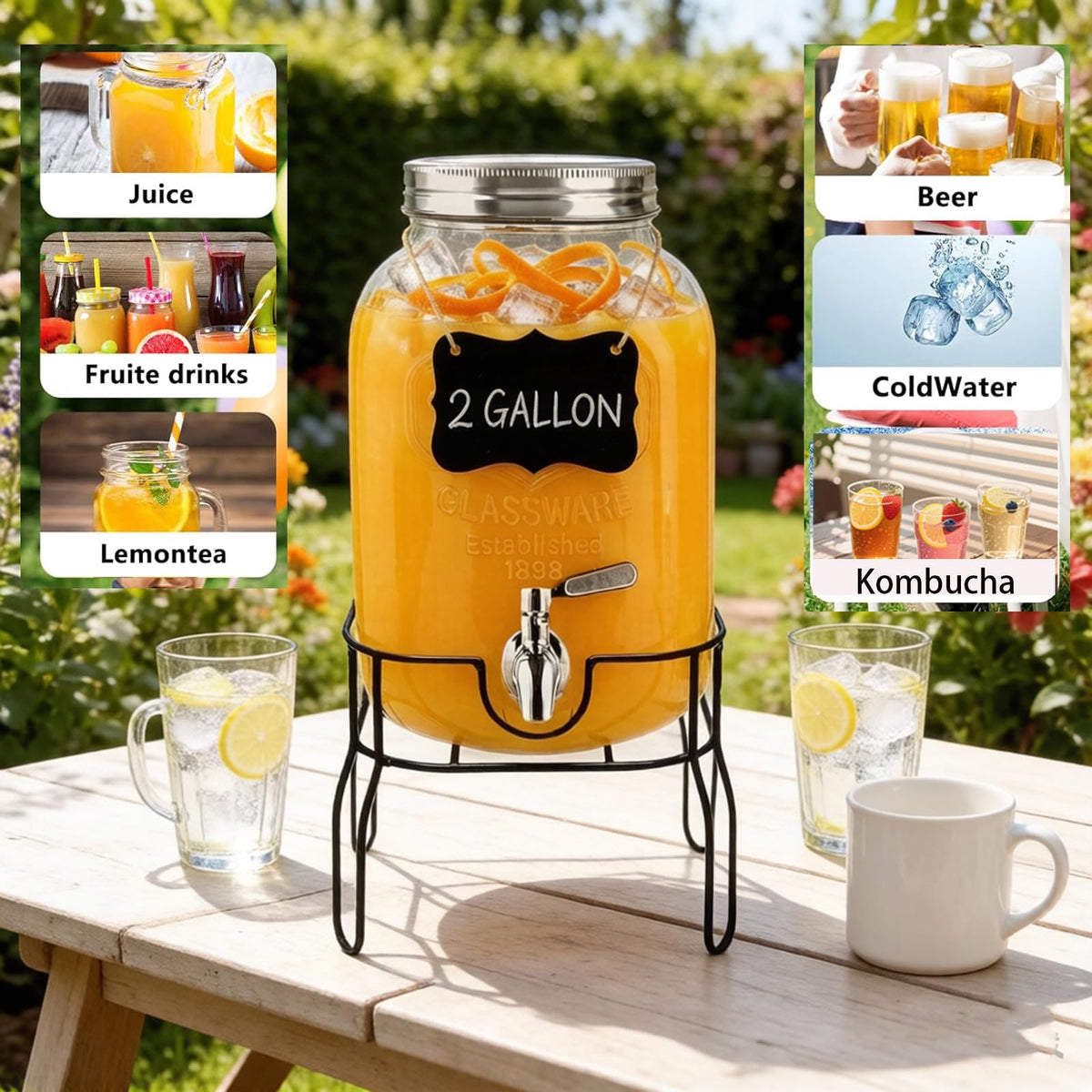 2 Gallon Glass Beverage Dispenser with Stand, Lid & Ice Core G280