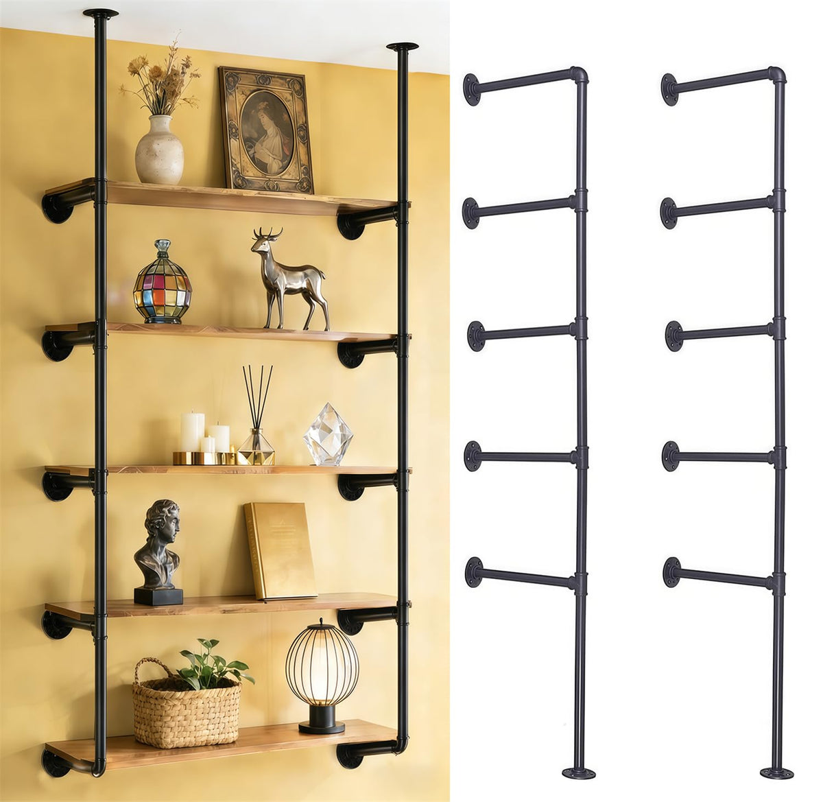 Black Iron Pipe Shelf Bracket, 2Pcs 5 Tier 68" Tall G2154