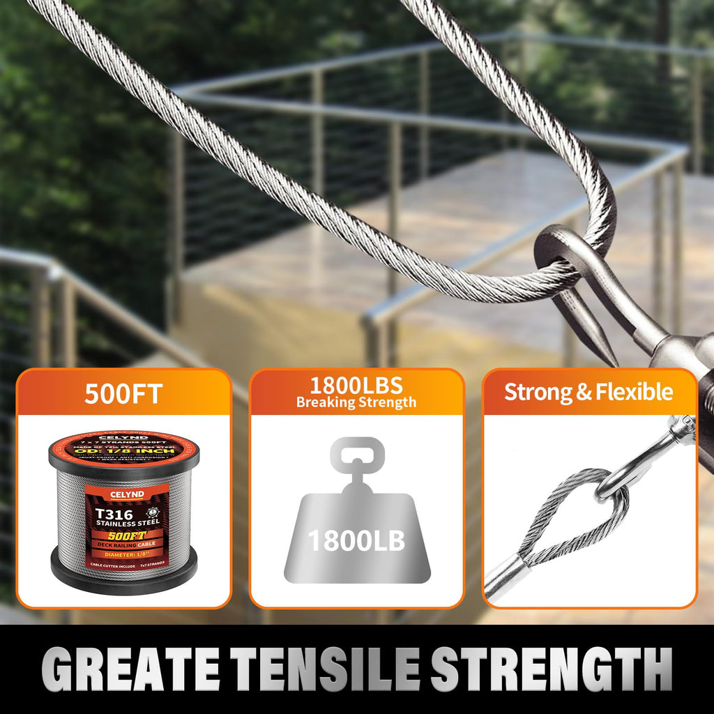 Stainless Steel 500FT 1/8" T316 Wire Rope Cable D782916