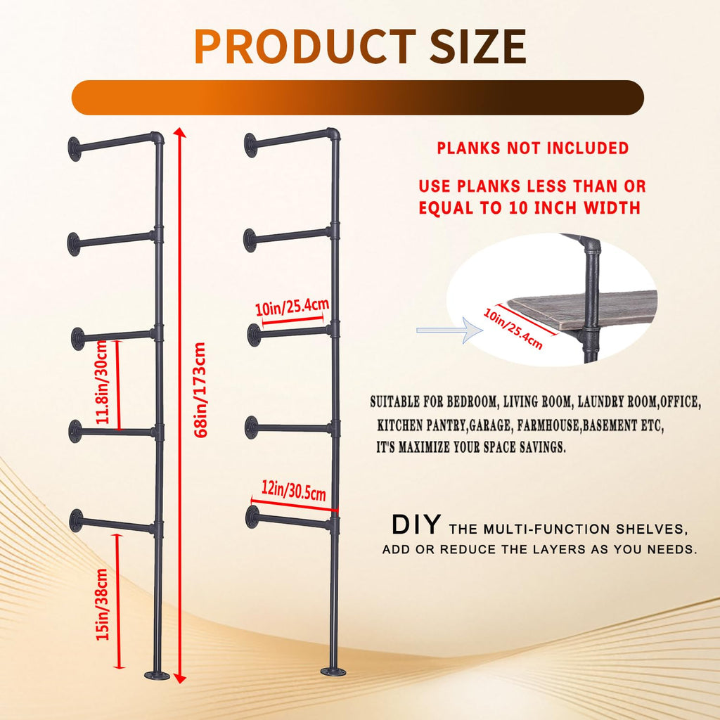 Black Iron Pipe Shelf Bracket, 2Pcs 5 Tier 68" Tall G2154