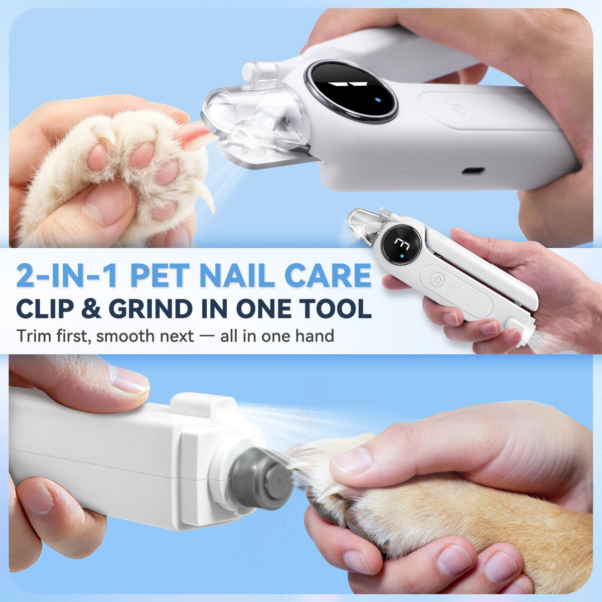 2-in-1 Quiet Electric Pet Nail Clipper & Grinder with Light J63293