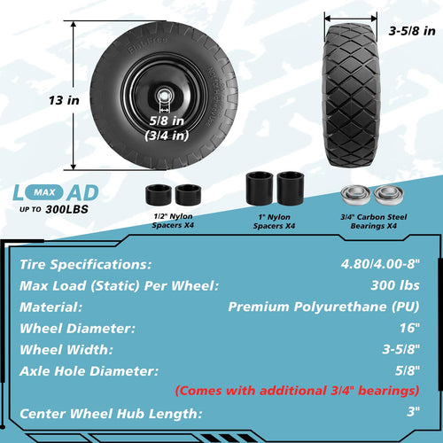 16" Flat Free Solid Rubber Wheelbarrow Wheels, 2 Pack J187