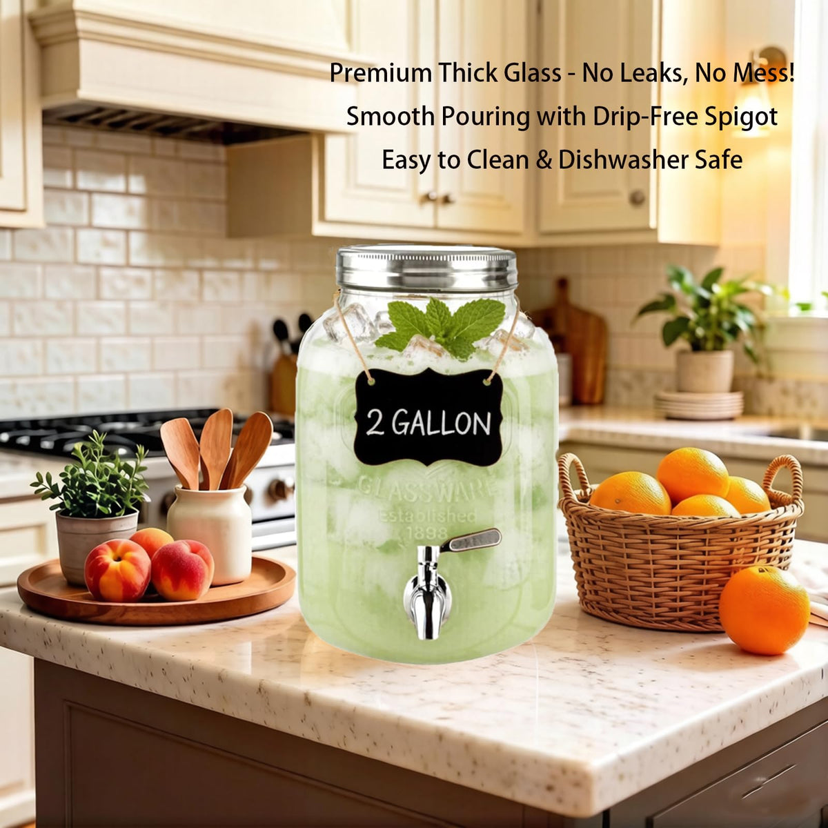 2 Gallon Glass Beverage Dispenser with Stand, Lid & Ice Core G280