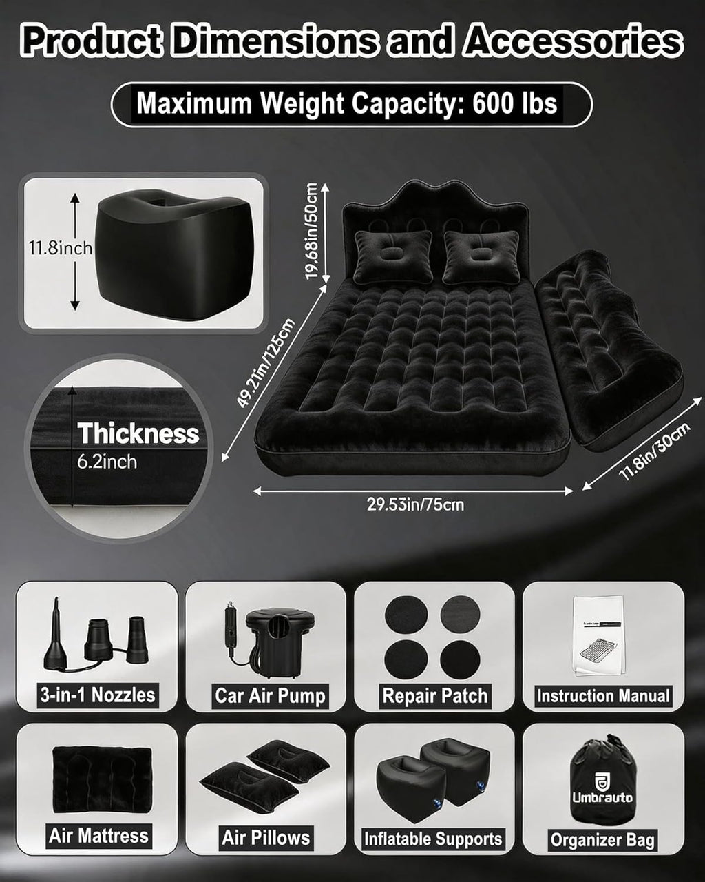 Inflatable Car Air Mattress with Pump & Pillows U8179