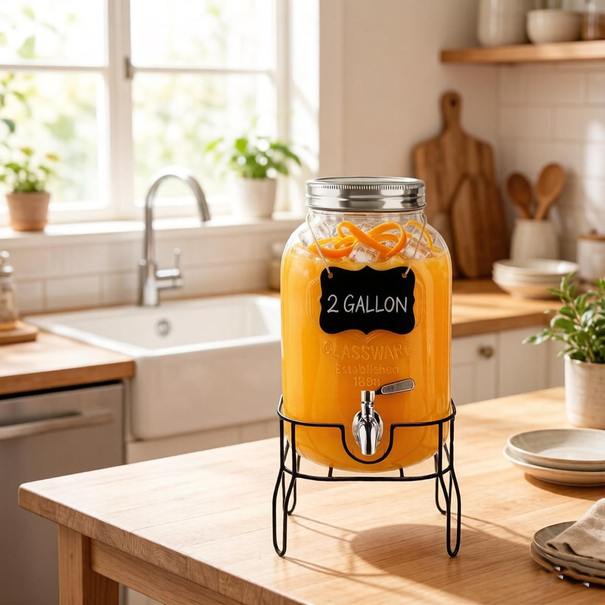 2 Gallon Glass Beverage Dispenser with Stand, Lid & Ice Core G280
