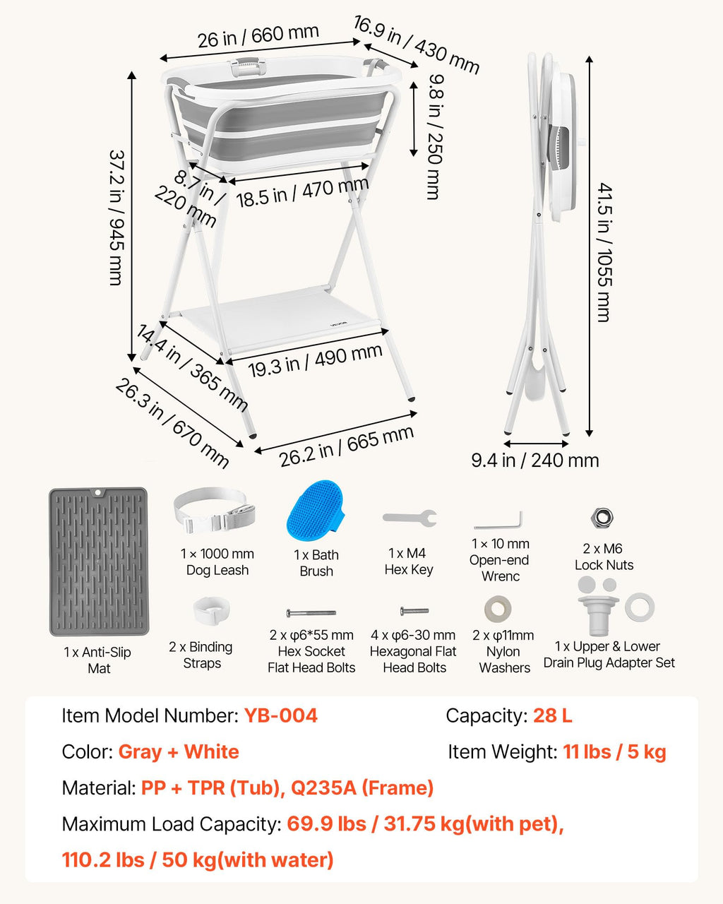 Elevated Collapsible Pet Bathtub with Drain Hose P515