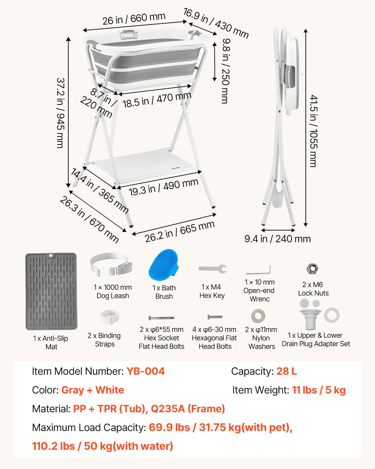 Elevated Collapsible Pet Bathtub with Drain Hose P515