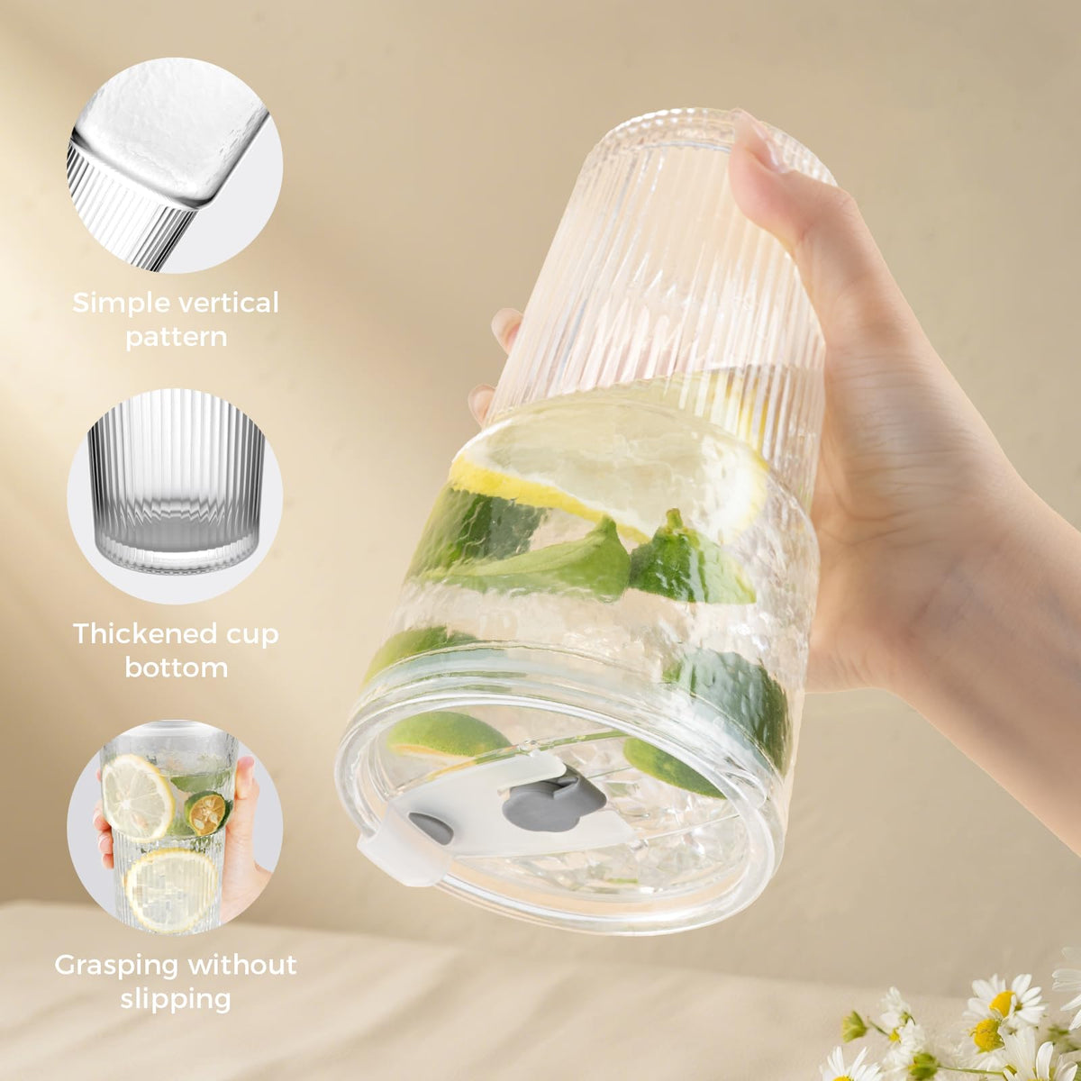 20oz Glass Cups with Lids and Straws, 2 PCS F9013