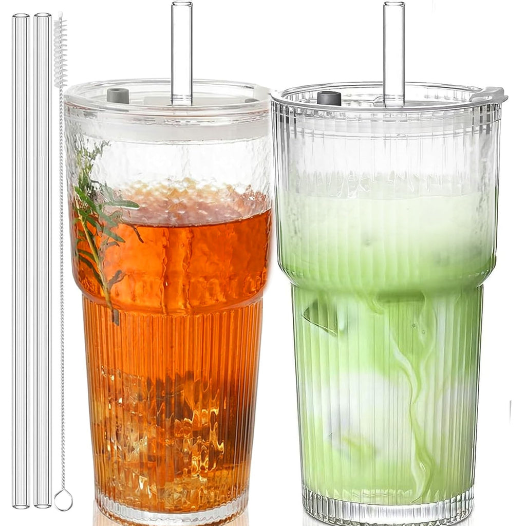 20oz Glass Cups with Lids and Straws, 2 PCS F9013