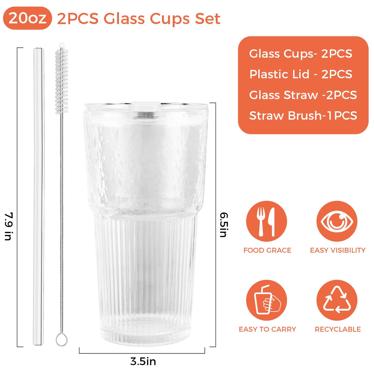 20oz Glass Cups with Lids and Straws, 2 PCS F9013