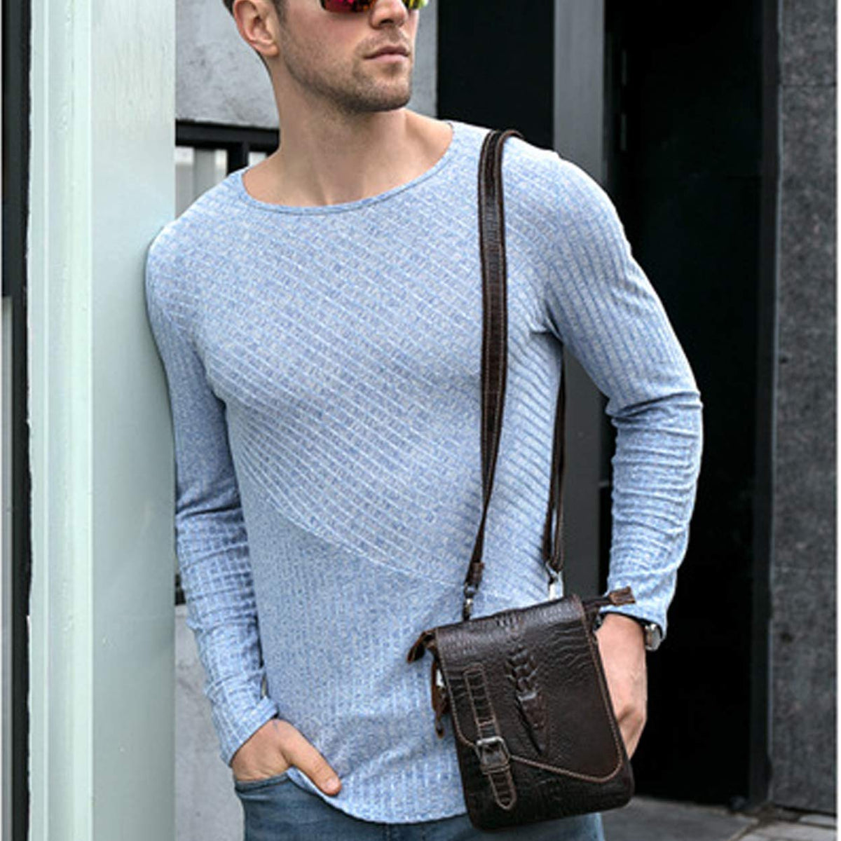 Brown Crocodile Embossed Genuine Leather Mini Messenger Bag R614