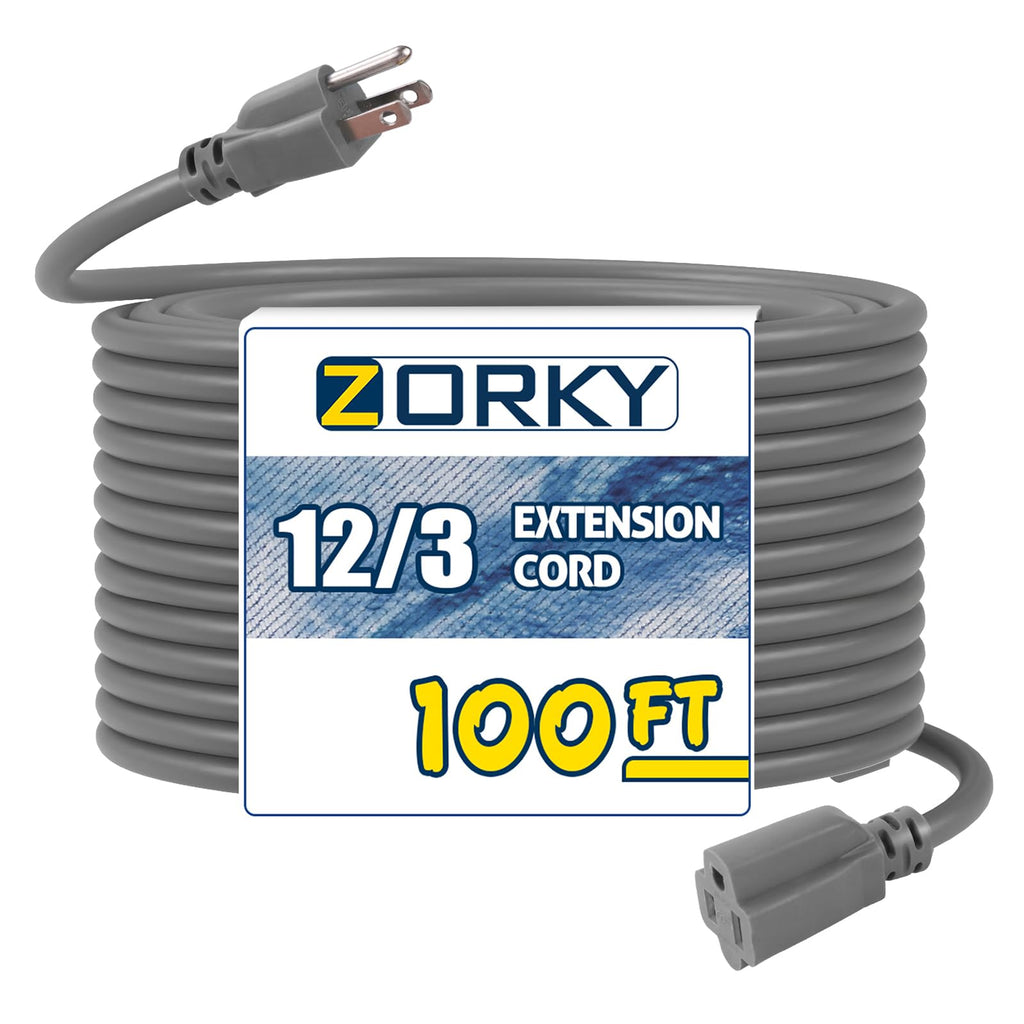 100ft Indoor Outdoor Extension Cord 12/3 SJTW Heavy Duty 15Amp 1875W Gray V77171