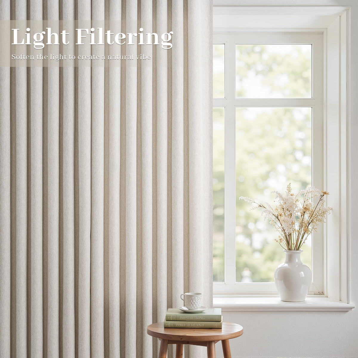 Oatmeal Linen Curtains 108 Inches Long Semi Sheer Pinch Pleated 2 Panels M440