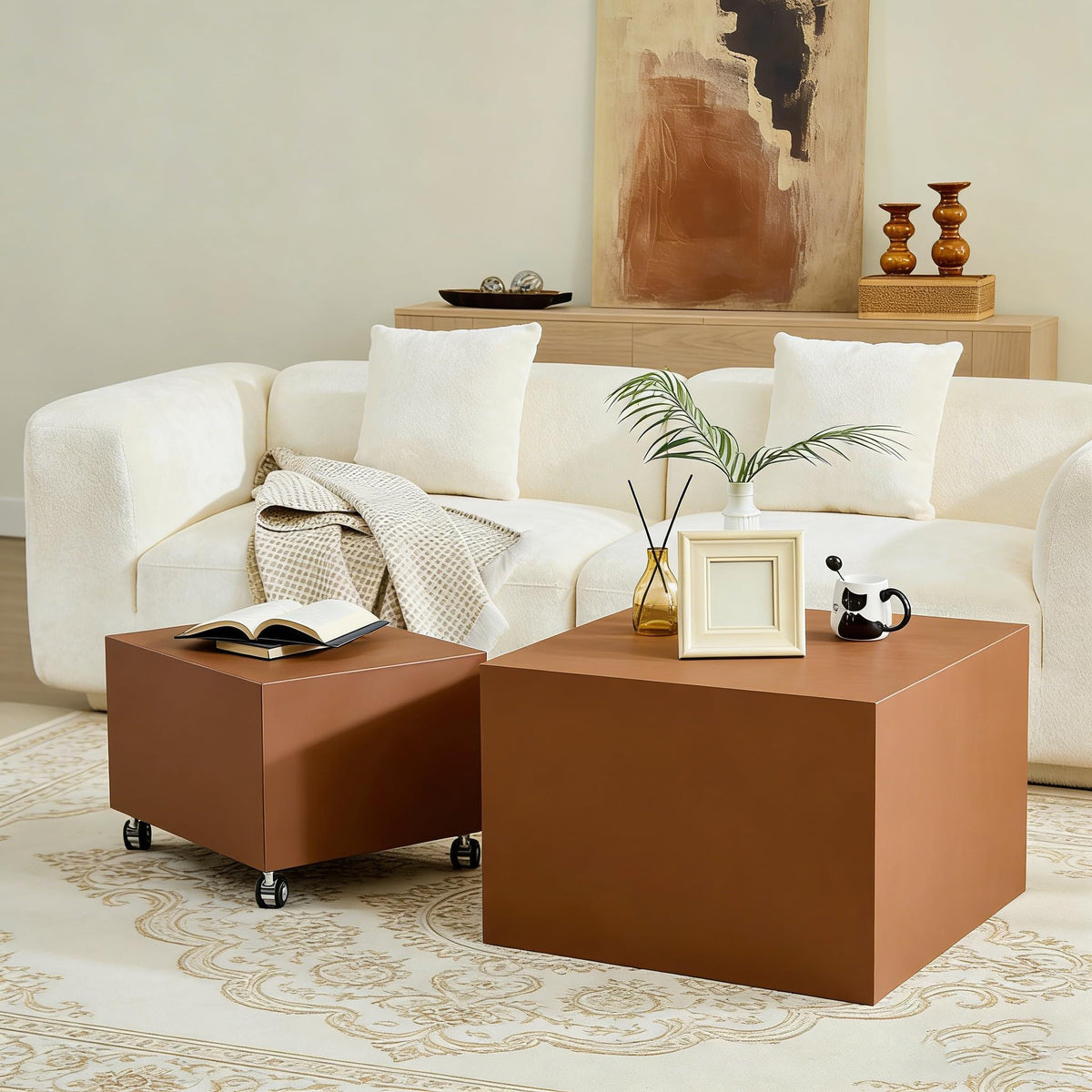 Brown Rolling Leather Coffee Table Set of 2 E41759