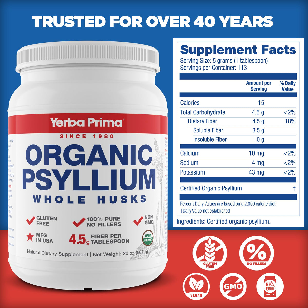Organic Psyllium Whole Husks Fiber Supplement 20 oz T734675