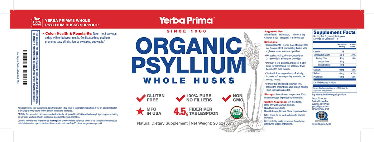 Organic Psyllium Whole Husks Fiber Supplement 20 oz T734675