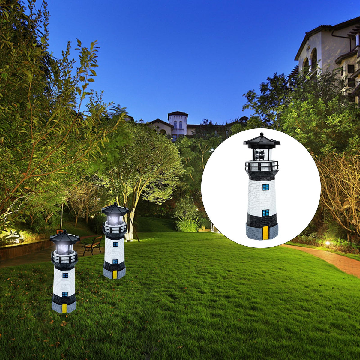 Solar Powered Resin Lighthouse Garden Light Black White L6896