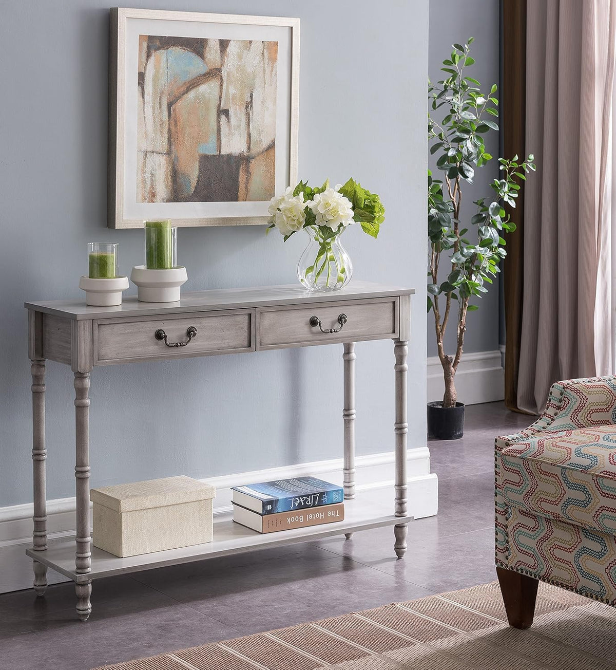 Washed Oak Wood Console Table with 2 Drawers V5191