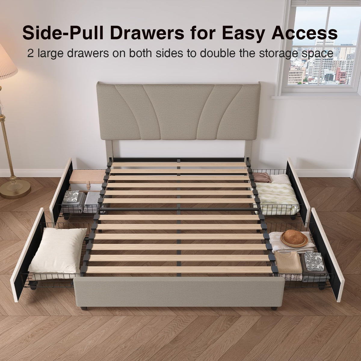 Beige Queen Bed Frame with Drawers C796799